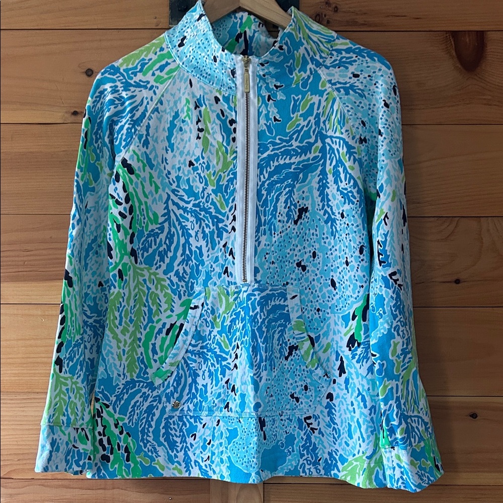 Lilly Pulitzer Skipper Popover Half Zip Blue and Green Elsa Pattern Size M